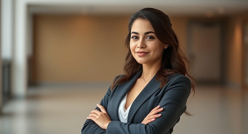 A poised and confident woman embodying 'The Strategic Visionary,' positioned on the right side of the image. She is dressed in a sharp, professional outfit, such as a tailored blazer paired with modern trousers or a pencil skirt, reflecting a sense of authority and forward-thinking. Her expression is focused and thoughtful, symbolizing strategic insight and determination. She stands in a sleek, contemporary office setting with large windows offering a panoramic city view, emphasizing ambition and vision. The lighting is soft and natural, highlighting her composed demeanor and the atmosphere of innovation and leadership.