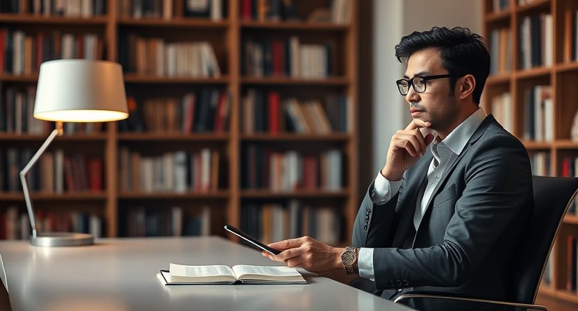 Create an image of a thoughtful and introspective individual embodying 'The Detached Intellectual,' positioned on the right side of the frame. The subject is seated in a modern library or study room with a minimalist aesthetic. They wear a smart, professional outfit, such as a tailored shirt and trousers, reflecting a sense of intellectual rigor. Their expression is calm and contemplative, with glasses resting lightly on their face as they look toward a tablet or an open book on a sleek desk. The background features bookshelves with neatly arranged books and a soft desk lamp casting warm light, emphasizing focus and an air of intellectual curiosity. The overall mood is serene and sophisticated, capturing the essence of a detached thinker immersed in deep thought.