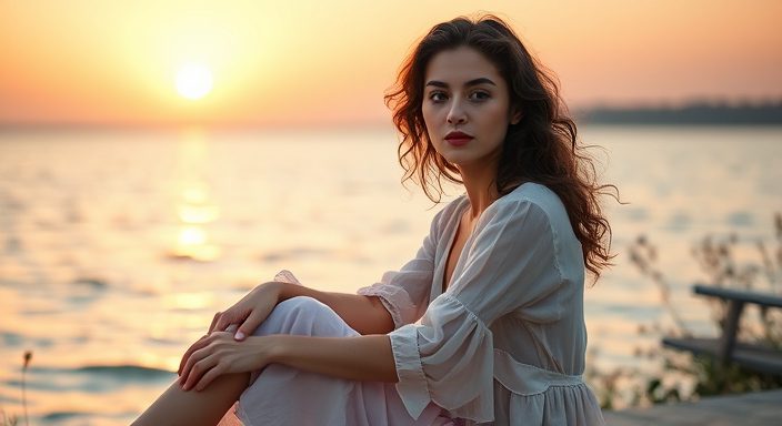 Create an image of a dreamy young woman embodying 'The Romantic Idealist,' symbolizing Pisces. She is sitting by a serene lakeside during sunset, with soft, warm light reflecting on the water. Her expression is thoughtful and romantic, as if lost in her dreams. She is dressed in flowing, pastel-colored attire, with subtle elements like flowers or gentle waves in the background that evoke a sense of tranquility and imagination. The overall mood is ethereal, capturing Pisces' intuitive and idealistic nature."