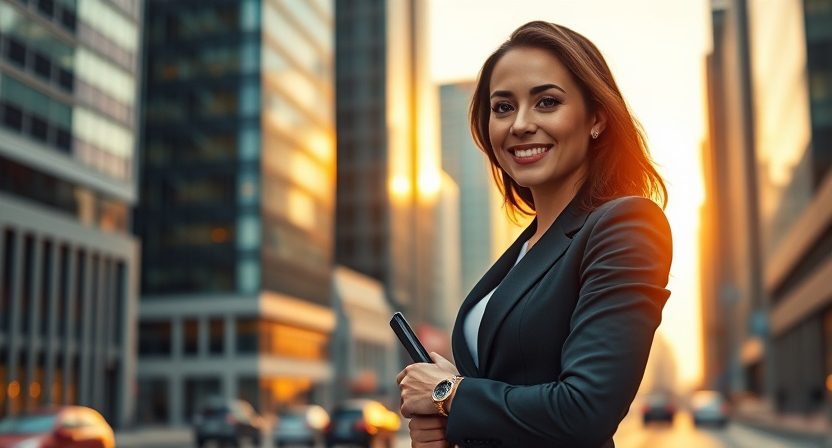 Create an image of a poised and determined individual embodying 'The Ambitious Realist,' positioned on the right side of the frame. The subject is standing confidently in a bustling urban environment, with towering skyscrapers and a hint of traffic in the blurred background. They are dressed in a sleek, modern business suit, exuding professionalism and pragmatism. Their expression is focused and driven, with a slight smile that conveys optimism balanced with realism. They hold a portfolio or smartphone, symbolizing their goal-oriented mindset. The lighting is natural, with the golden hour casting a soft glow, adding warmth and highlighting their steadfast demeanor. The scene radiates ambition and grounded determination, capturing the essence of a realist on their path to success.