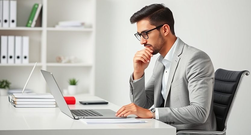 Depict 'The Analytical Perfectionist' as a meticulous individual positioned on the right side of the frame, set in a clean and organized workspace. The subject is dressed in a tailored outfit, reflecting their precise and detail-oriented nature—perhaps a crisp white shirt paired with a neutral blazer. They are seated at a modern desk, surrounded by neatly arranged tools of productivity: a laptop, notebooks, and stationery. Their expression is focused and thoughtful, with one hand resting on their chin and the other holding a pen, as if deep in analysis or problem-solving. The lighting is bright and even, highlighting the calm and structured environment. Subtle background elements, like shelves with perfectly aligned books or minimalist décor, enhance the sense of order and perfectionism. The image should exude intelligence, discipline, and a commitment to excellence.