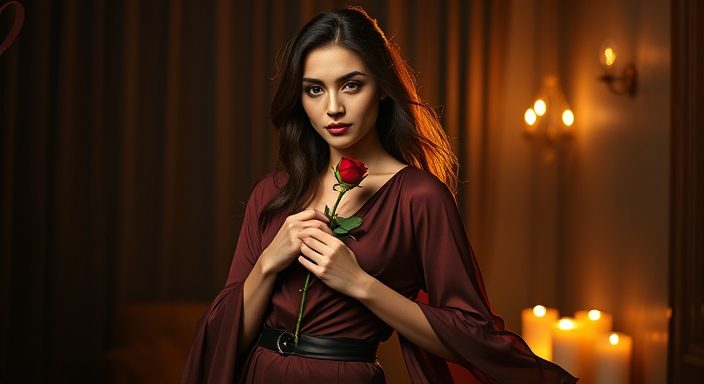 Create an image of a young woman embodying 'The Passionate Partner,' standing confidently in a dimly lit room with a warm, golden glow. She holds a single, vibrant red rose close to her heart, symbolizing love and devotion. Her expression is intense yet tender, with eyes that seem to tell a story of deep connection. She is dressed in a flowing, dramatic outfit that combines elegance with boldness, and the background features subtle elements like abstract heart shapes or soft, flickering candlelight, creating a unique and romantic atmosphere.